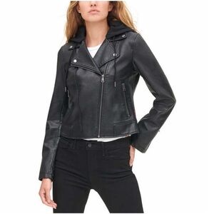 NWT Levi's Ladies Faux Leather Moto Hooded Jacket BLACK - size XL